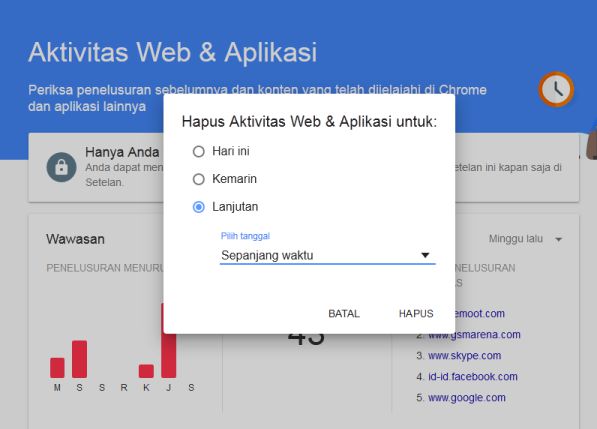 Menghapus aktivitas Web dan App sepanjang waktu