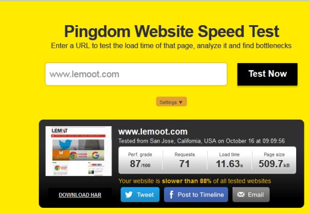 Hasil test dengan Pingdom Tools